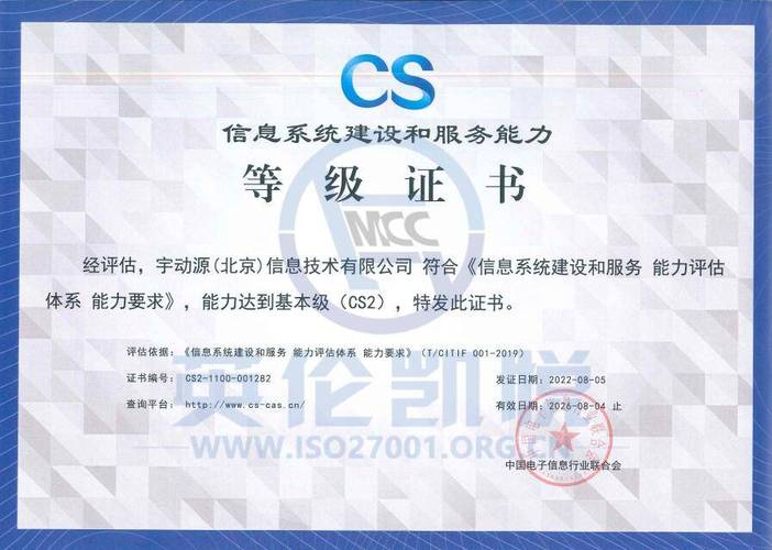祝贺宇动源取得信息系统建设和服务能力cs2级